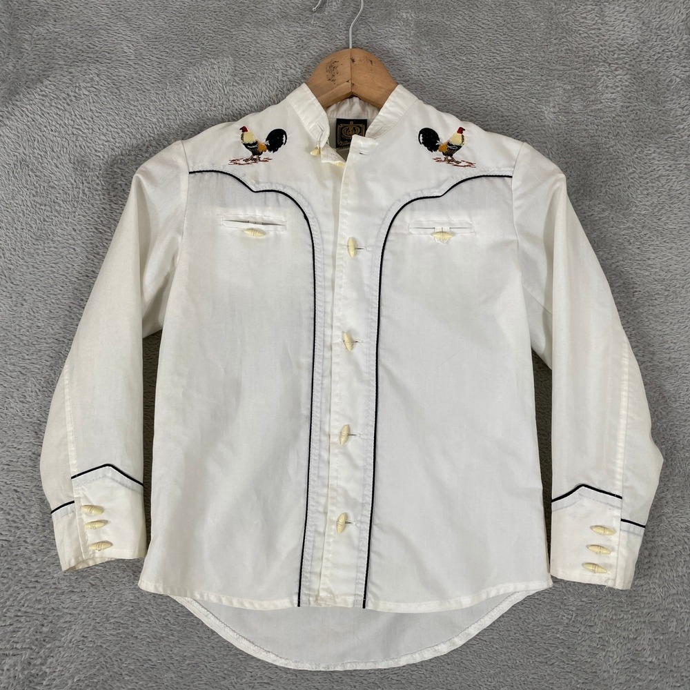 Espuela de Oro Rooster Western Shirt Kids Size 8 White Vintage Vaquero Toggle